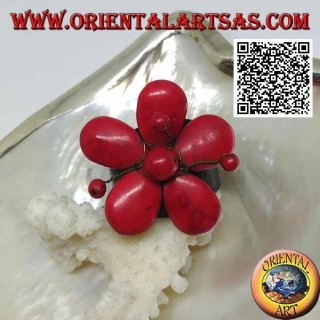 Aro ajustable en piel flor con pistilos de pasta coral e hilos de latón dorado