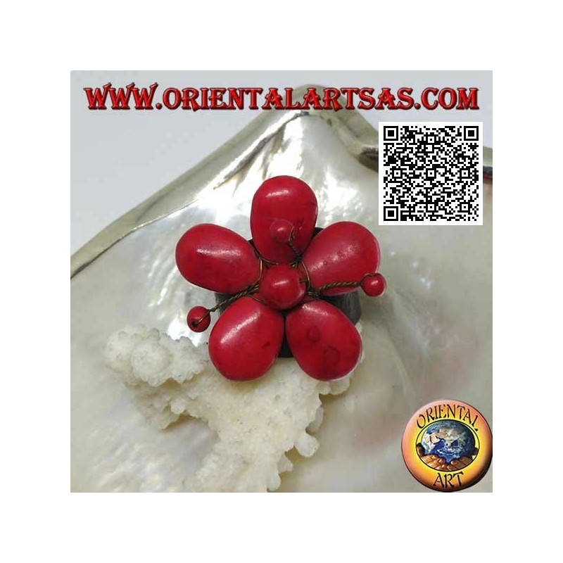 Adjustable ring in flower leather with coral paste pistils and golden brass threads