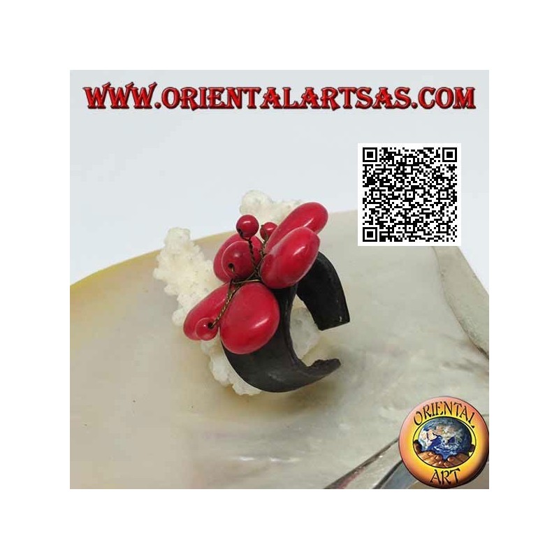 Bague ajustable en cuir fleur avec pistils en pâte de corail et fils en laiton doré