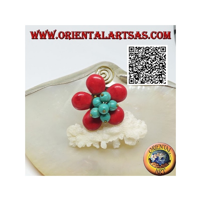 Adjustable flower ring in coral paste, turquoise beads and spiral in gold-plated brass (macramé)
