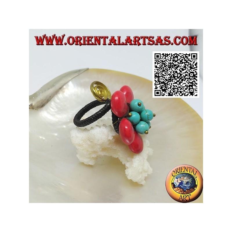 Anillo flor ajustable en pasta coral, cuentas turquesas y espiral en latón dorado revestido (macramé)