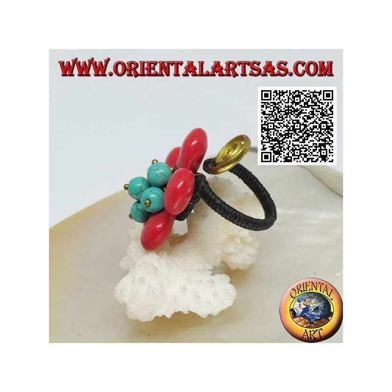 Anillo flor ajustable en pasta coral, cuentas turquesas y espiral en latón dorado revestido (macramé)