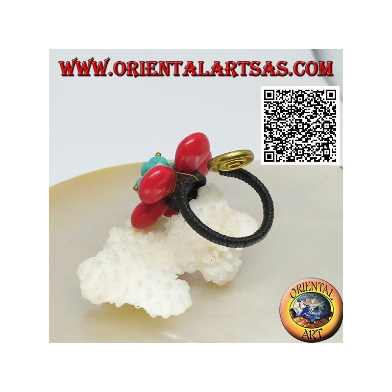 Anillo flor ajustable en pasta coral, cuentas turquesas y espiral en latón dorado revestido (macramé)