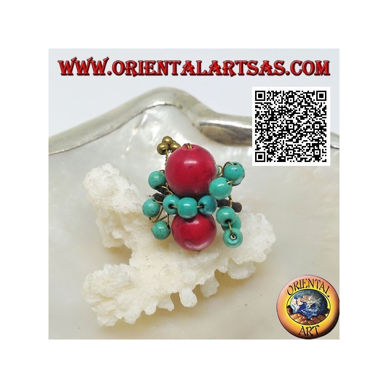 Adjustable ring with coral and turquoise paste spheres on intertwined golden coated brass wires (macramé)
