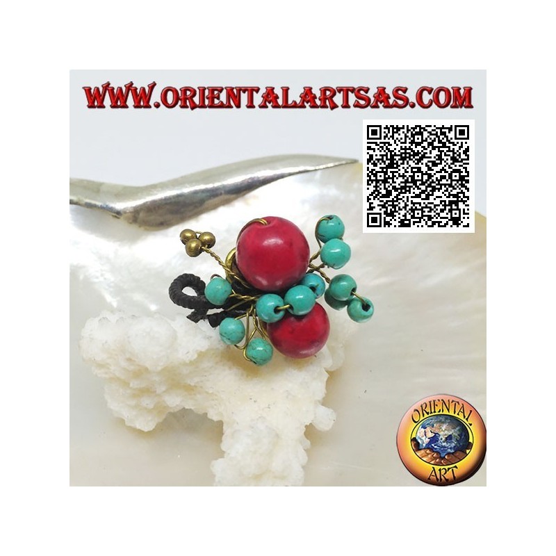 Bague ajustable avec sphères en pâte corail et turquoise sur fils en laiton doré entrelacés (macramé)