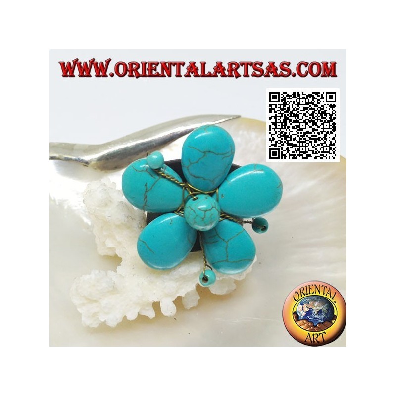 Verstellbarer Ring aus Blumenleder mit Stempeln aus türkisfarbener Paste und goldenen Messingfäden