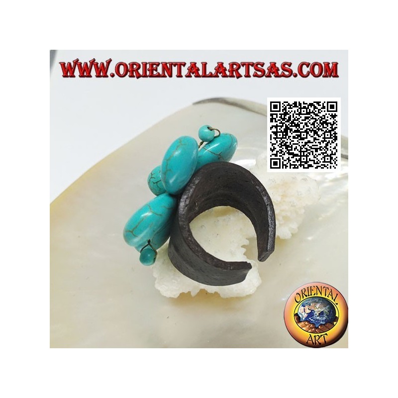 Adjustable ring in flower leather with pistils in turquoise paste and golden brass threads