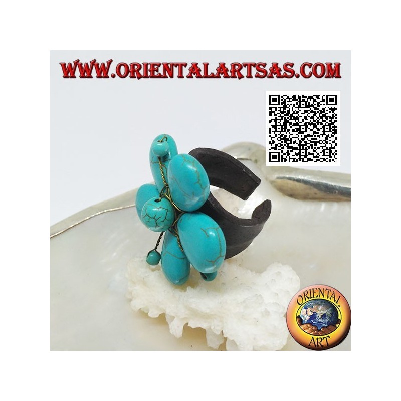 Bague ajustable en cuir fleur avec pistils en pâte turquoise et fils de laiton doré