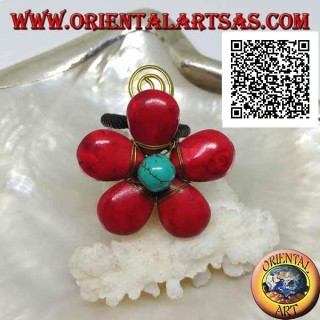 Adjustable flower ring in coral paste and trchese center with spiral in gold-plated brass (macramé)