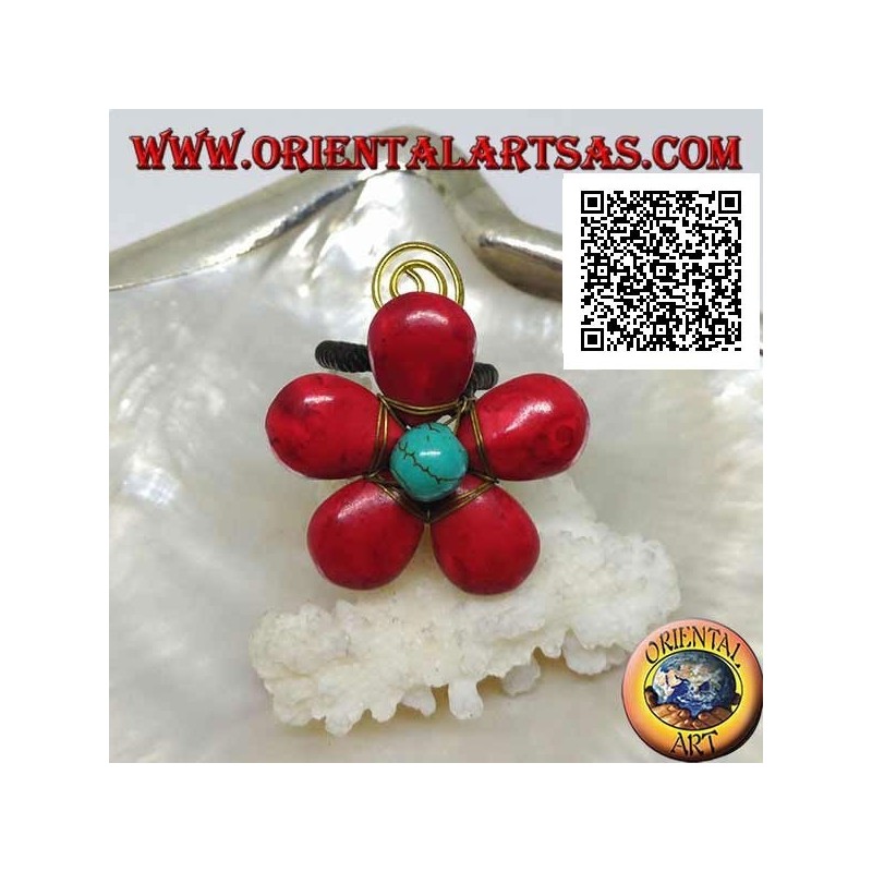 Anillo flor ajustable en pasta coral y centro de trchese con espiral en latón dorado (macramé)