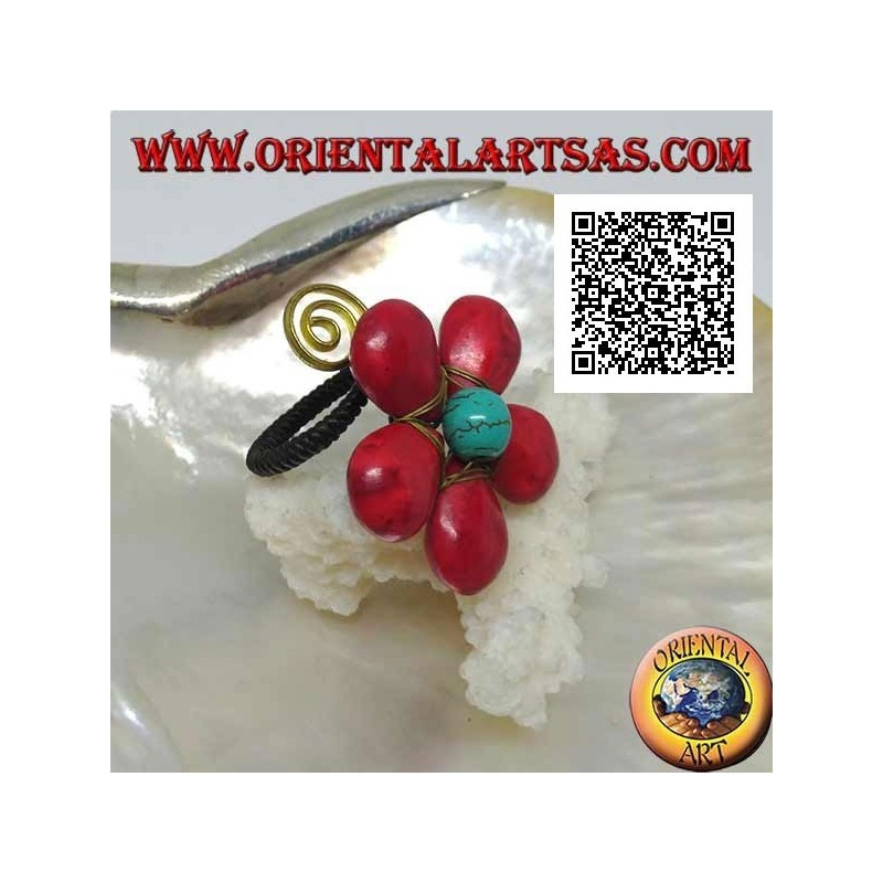 Anello regolabile a fiore in pasta di corallo e centro trchese con spirale in ottone dorato rivestito (macramè)