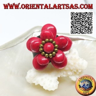 Anillo de cuero de doble flor ajustable con recubrimiento de pasta de coral y bolas de latón dorado