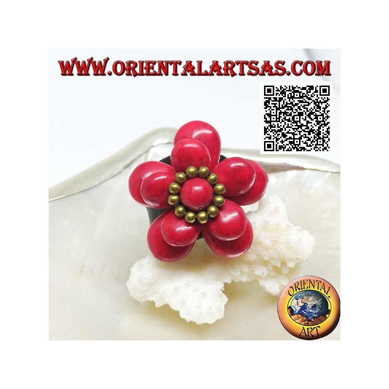 Adjustable double-grain leather ring overlaid with coral paste and golden brass balls