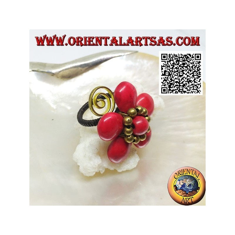 Adjustable coral paste flower ring with balls and spiral in gold plated brass (macrame)