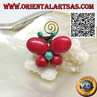 Anello regolabile a farfalla di pasta di corallo e centro turchese e spirale in ottone dorato rivestito (macramè)