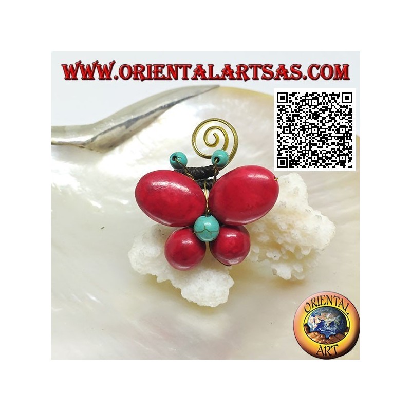 Adjustable butterfly ring in coral paste and turquoise center and spiral in gold-plated brass (macramé)
