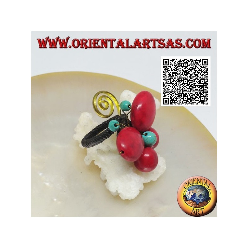Adjustable butterfly ring in coral paste and turquoise center and spiral in gold-plated brass (macramé)