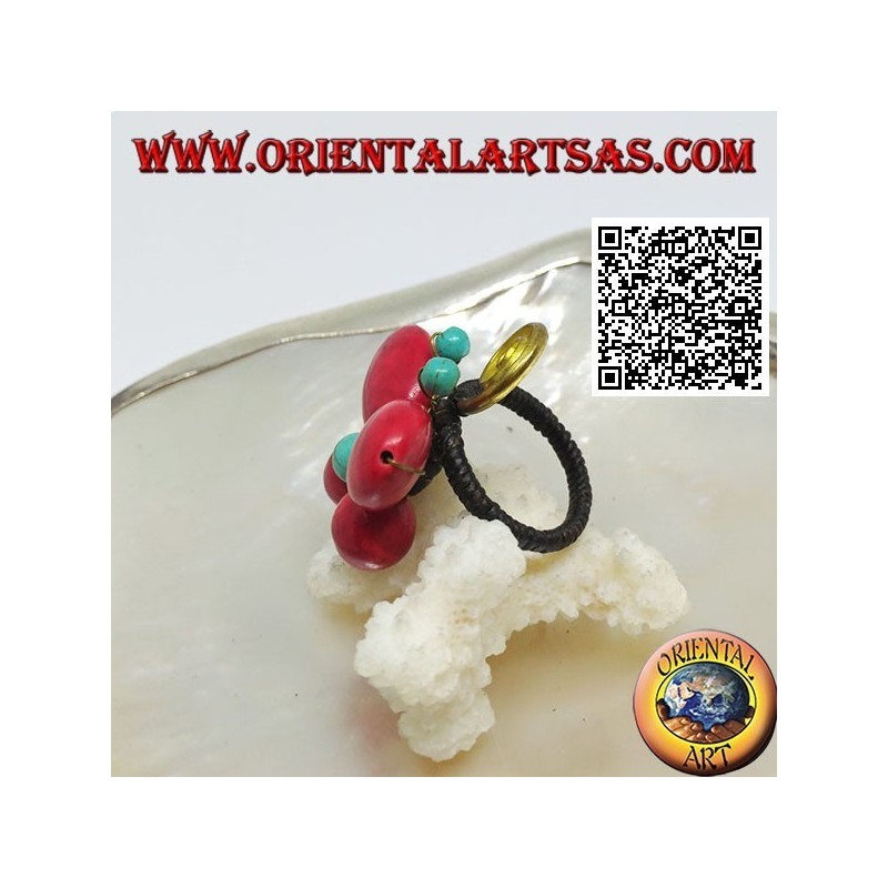 Anillo mariposa ajustable en pasta de coral y centro turquesa y espiral en latón dorado (macramé)