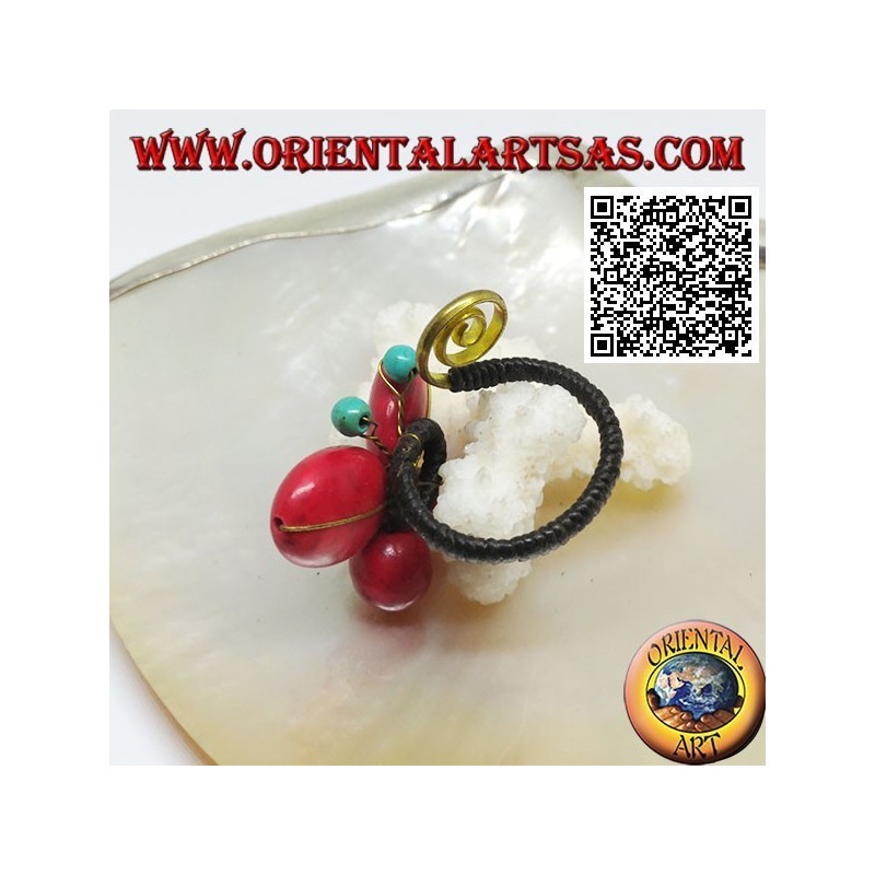 Adjustable butterfly ring in coral paste and turquoise center and spiral in gold-plated brass (macramé)
