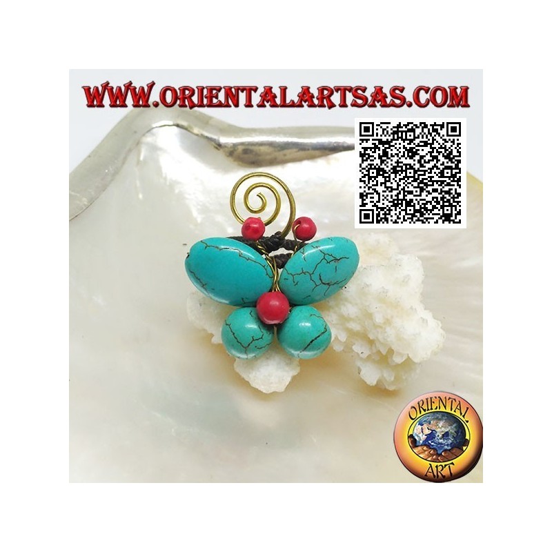 Bague papillon ajustable en pâte turquoise et centre corail et spirale en laiton doré (macramé)