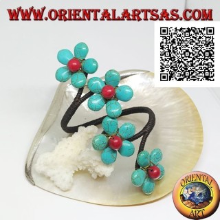 Adjustable rigid bracelet with 4 turquoise paste flowers and coral center in gold-plated brass (macramé)