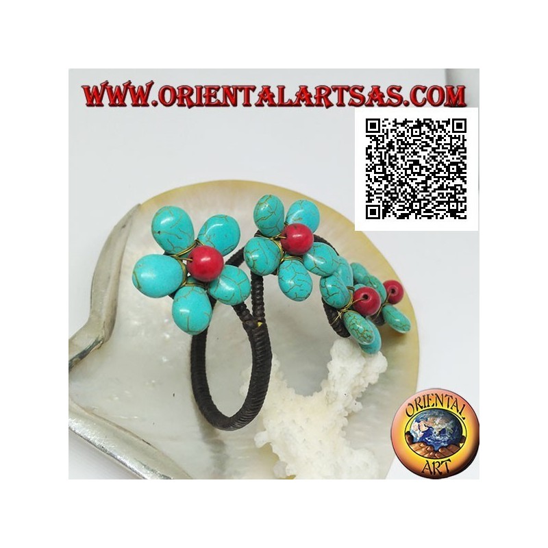 Pulsera rígida ajustable con 4 flores de pasta turquesa y centro de coral en latón dorado (macramé)