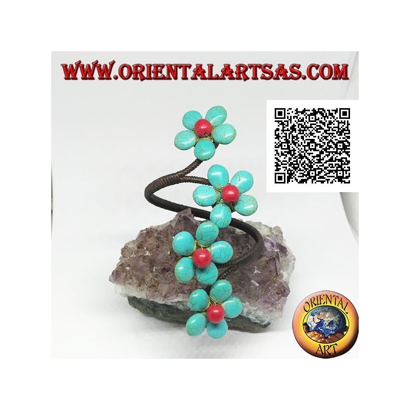 Bracelet rigide ajustable avec 4 fleurs en pâte turquoise et centre corail en laiton plaqué or (macramé)