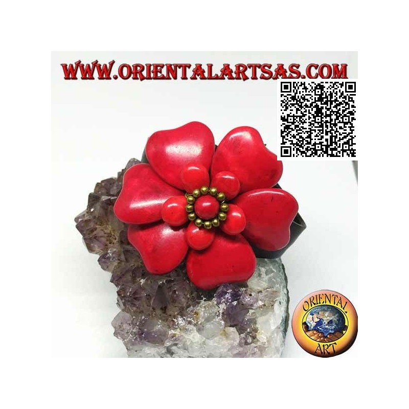 Pulsera de cuero rígida ajustable con flor de pasta de coral doble superpuesta y bolas de latón dorado