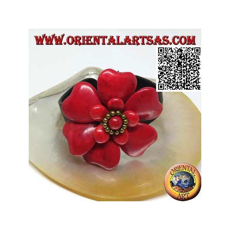 Adjustable rigid leather bracelet with double overlaid coral paste flower and golden brass balls