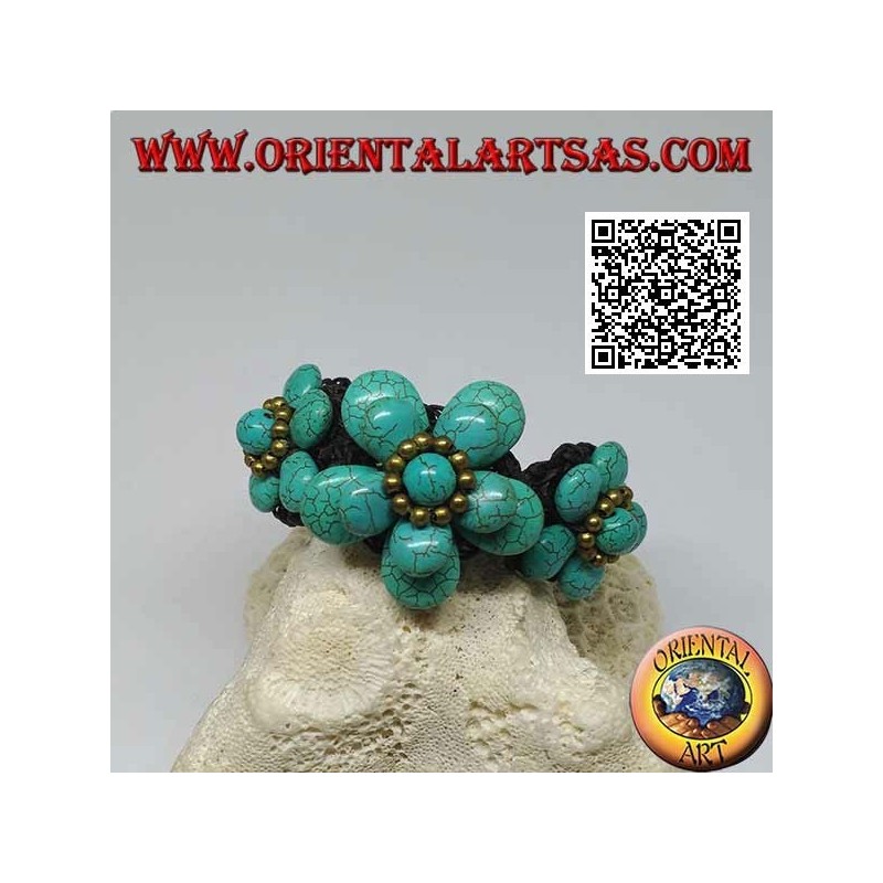 Bracciale morbido con cinque fiori in pasta di turchese e palline in ottone dorato 