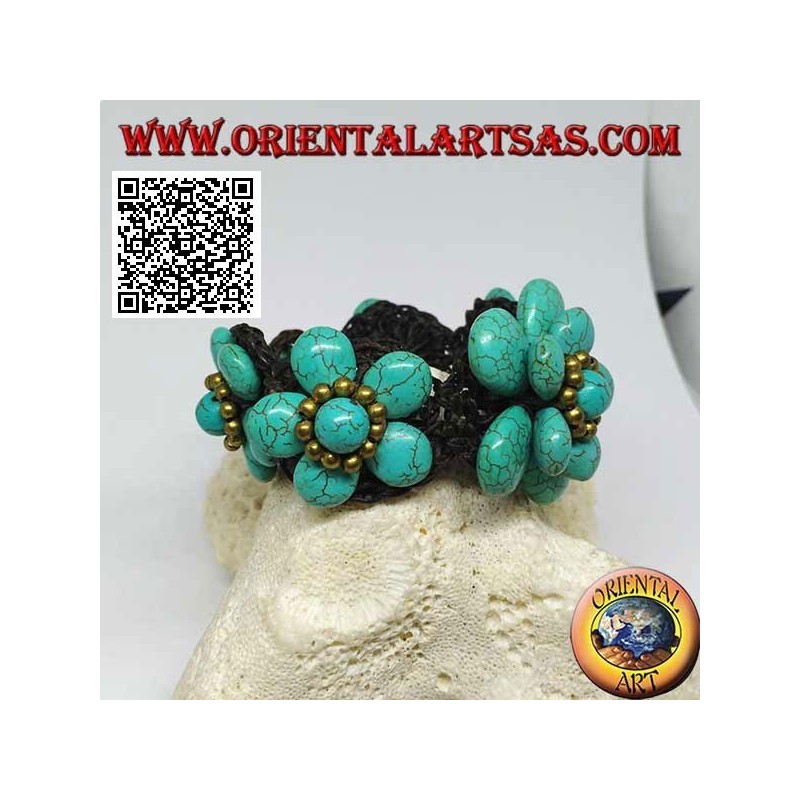 Bracelet souple avec cinq fleurs en pâte turquoise et boules en laiton doré