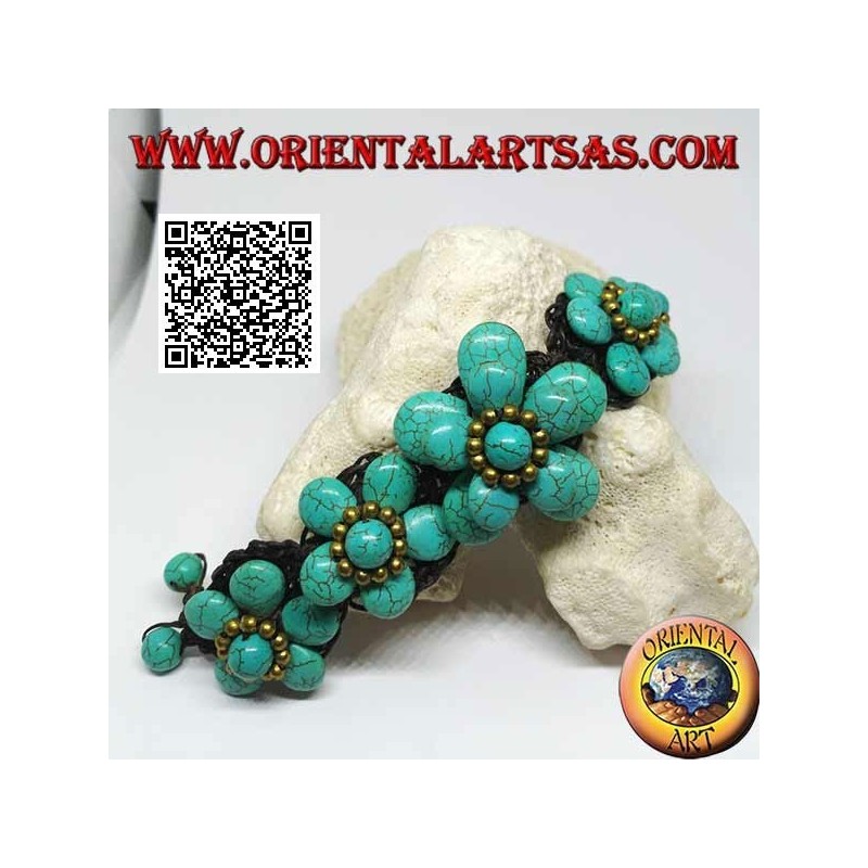 Bracelet souple avec cinq fleurs en pâte turquoise et boules en laiton doré
