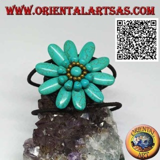 Pulsera rígida ajustable con gran margarita en pasta turquesa y bolas de latón bañadas en oro (macramé)