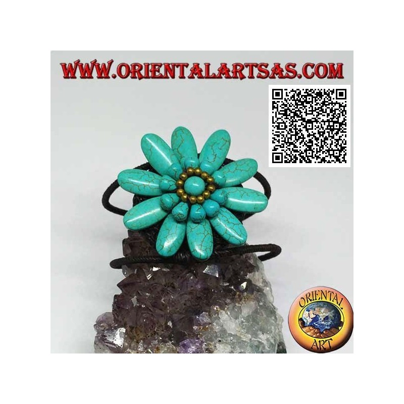 Adjustable rigid bracelet with large daisy in turquoise paste and gold-plated brass balls (macramé)