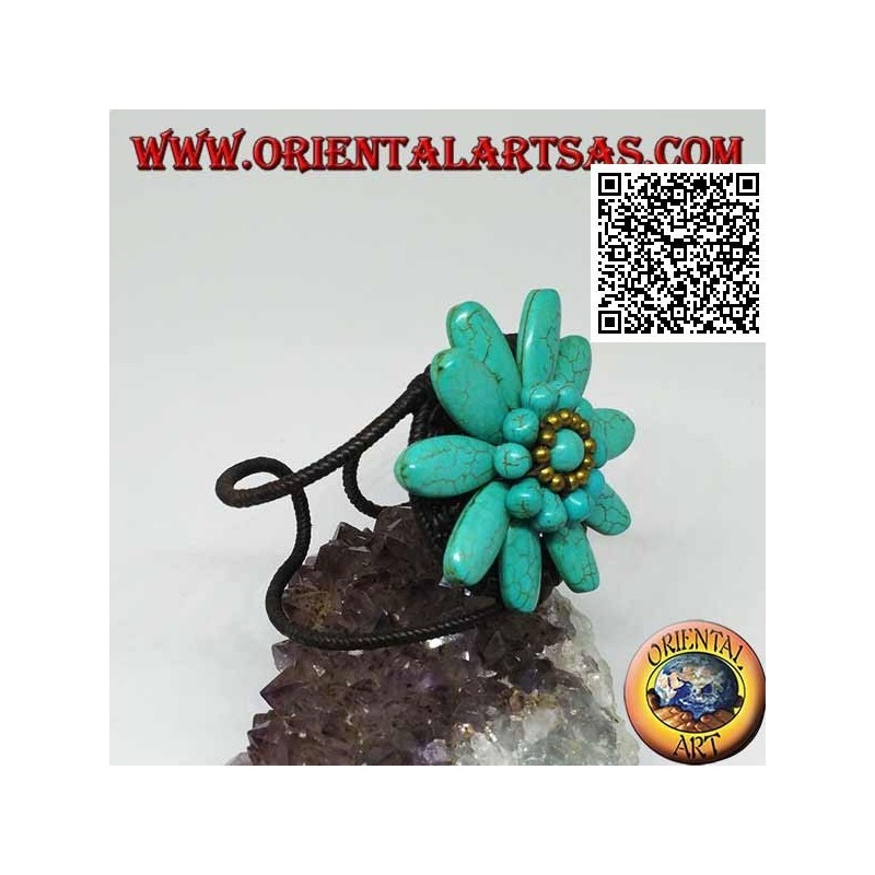 Pulsera rígida ajustable con gran margarita en pasta turquesa y bolas de latón bañadas en oro (macramé)