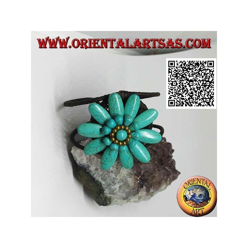 Bracciale rigido regolabile con margherita grande in pasta di turchese e palline in ottone dorato rivestito (macramè)