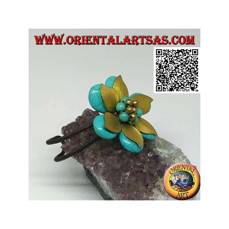 Bracelet fleur rigide ajustable en pâte turquoise et feuilles en laiton doré (macramé)