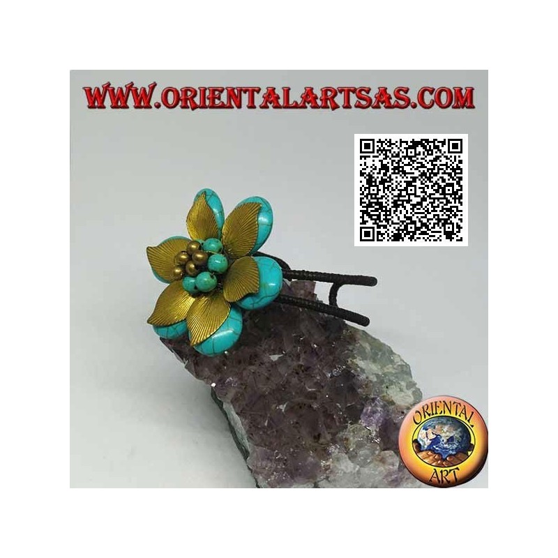 Bracelet fleur rigide ajustable en pâte turquoise et feuilles en laiton doré (macramé)
