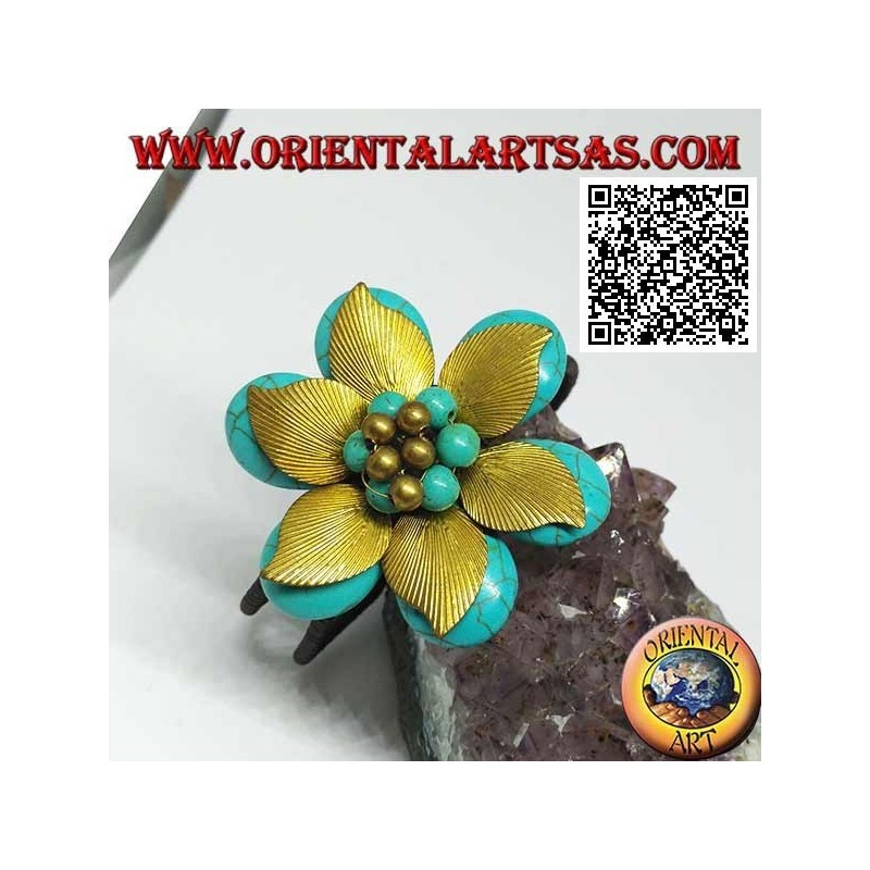 Adjustable rigid flower bracelet in turquoise paste and leaves in gold-plated brass (macramé)