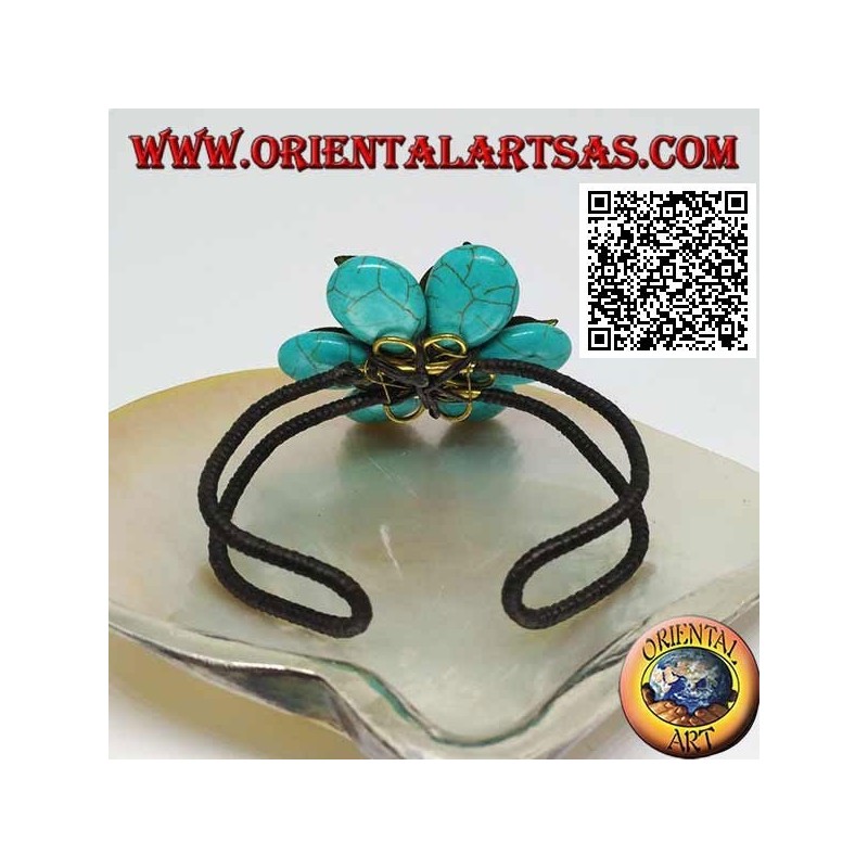 Pulsera rígida ajustable de flores en pasta turquesa y hojas en latón dorado (macramé)
