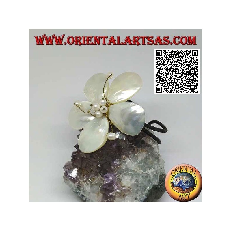 Adjustable bangle flower-shaped bracelet in mother-of-pearl with pistils in gold-plated brass (macrame)