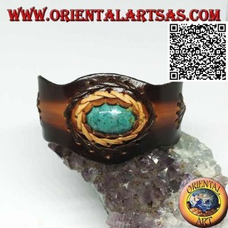 Brazalete rígido ajustable con procesamiento central ovalado de cuero turquesa y bicolor