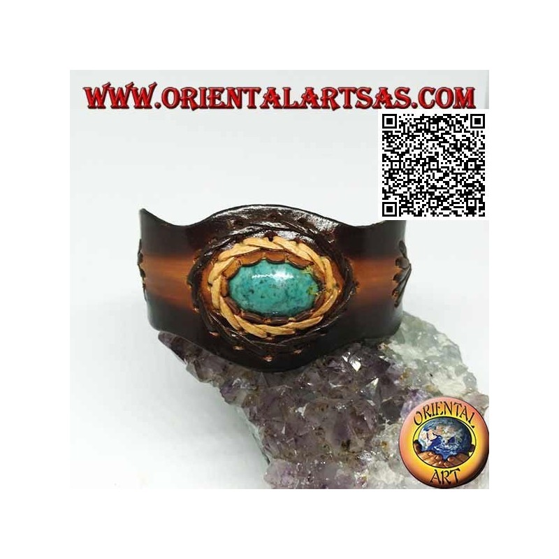 Bracciale rigido regolabile con turchese ovale centrale e lavorazione a due colori in cuoio