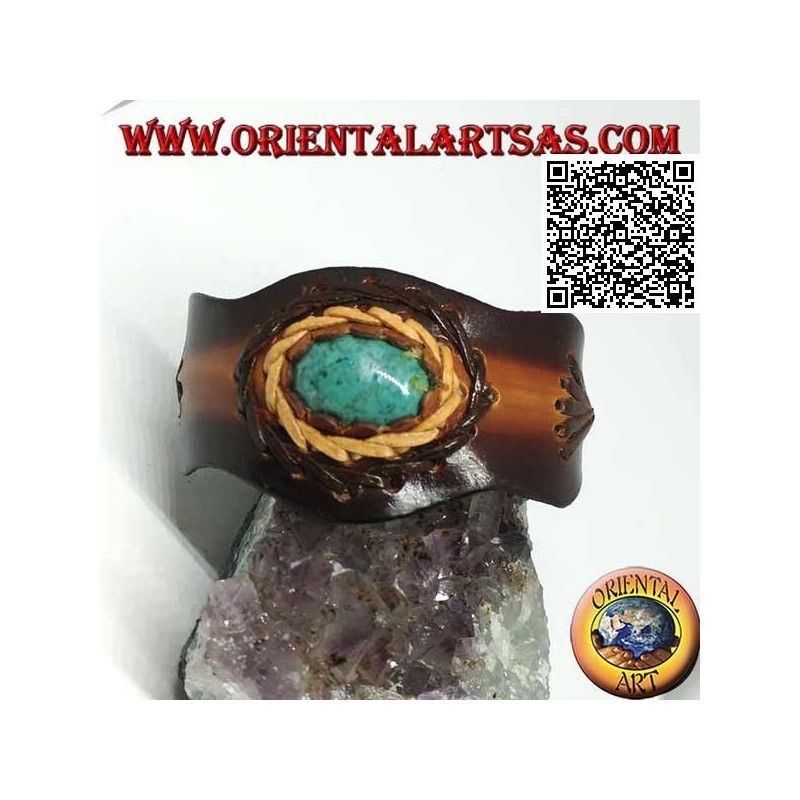Adjustable rigid bracelet with central oval turquoise and two-color leather processing