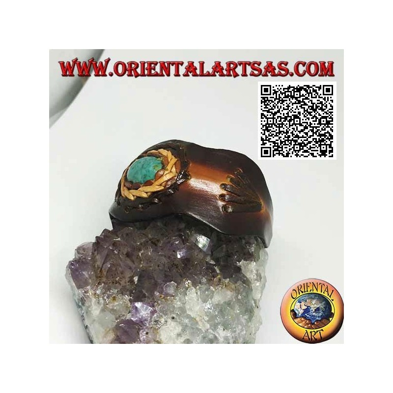 Adjustable rigid bracelet with central oval turquoise and two-color leather processing