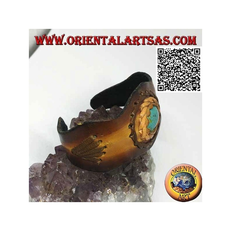 Brazalete rígido ajustable con procesamiento central ovalado de cuero turquesa y bicolor