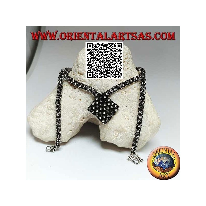925 ‰ silver chain necklace studded with small flowers with central rhombus of 45 cm