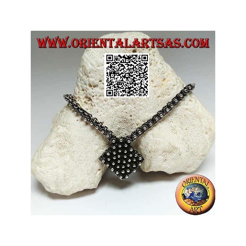 925 ‰ silver chain necklace studded with small flowers with central rhombus of 45 cm