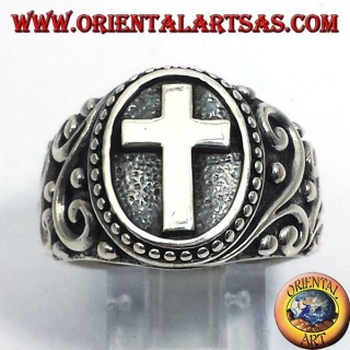Bague Chevalier en Argent 925 avec Croix Latine et Frises