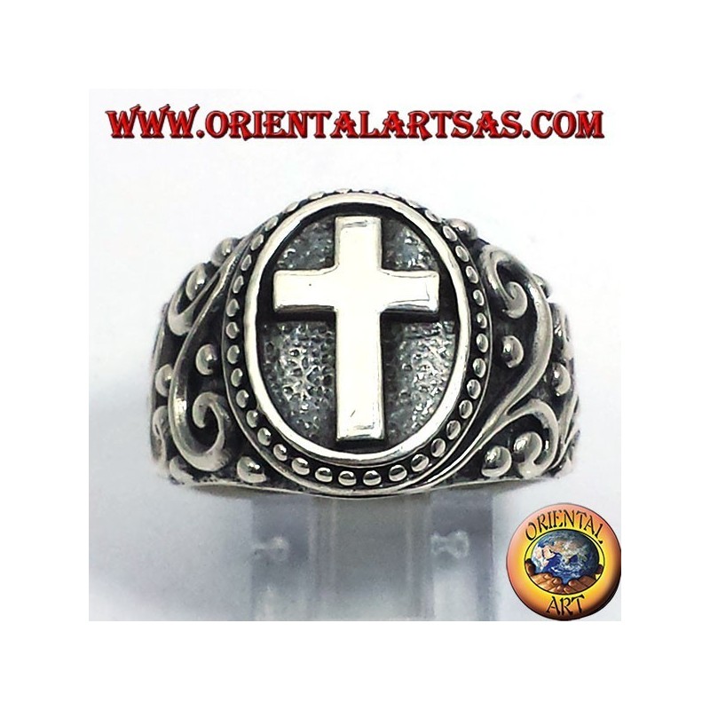 Sterling Silver 925 Cross Signet Ring with Scrollwork